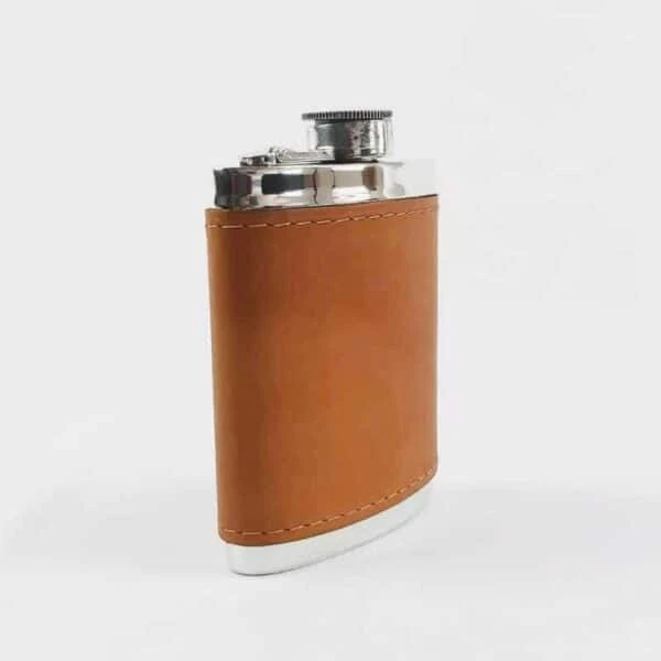 Pewter And Tan Leather Hip Flask 3 Pewter And Tan Leather Hip Flask