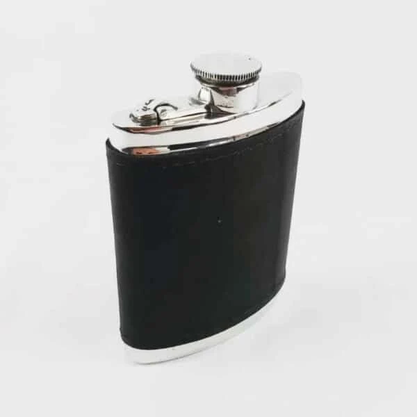 Pewter And Black Leather Hip Flask 3 Pewter And Black Leather Hip Flask